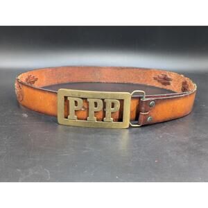 Vintage Tooled Leather Western Belt Solid Brass PPP Belt Buckle Size 36